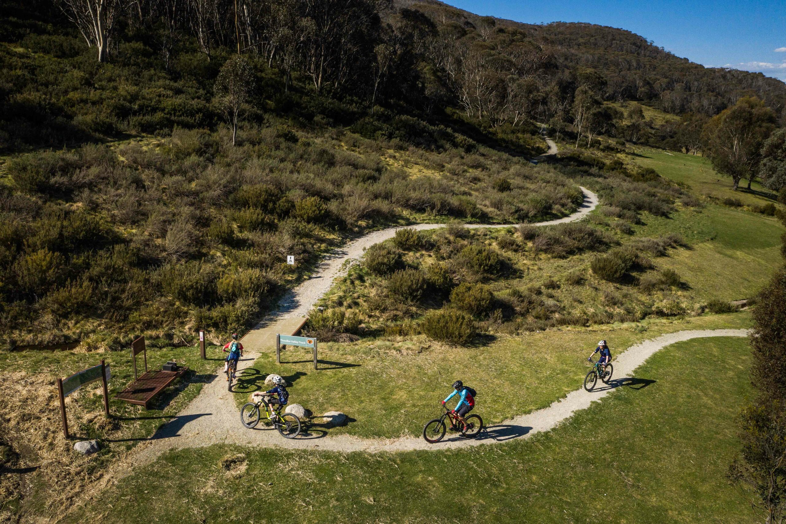 A winding mountain bike trail with a group of bike riders