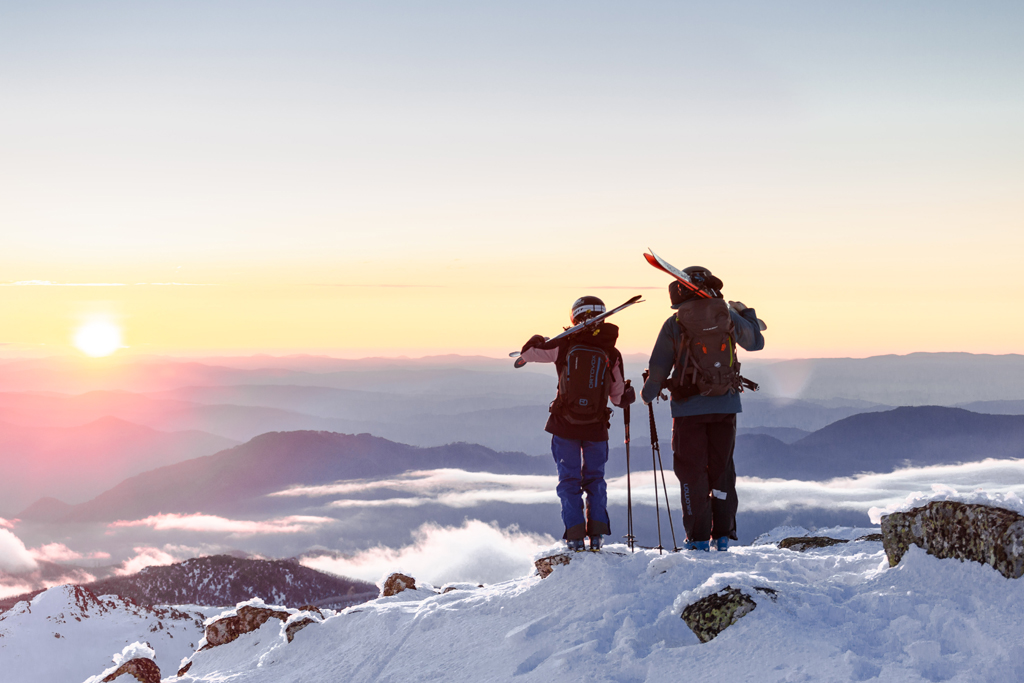 Sunrise with backcountry skiers Cody Townsend and Elyse Saugstad