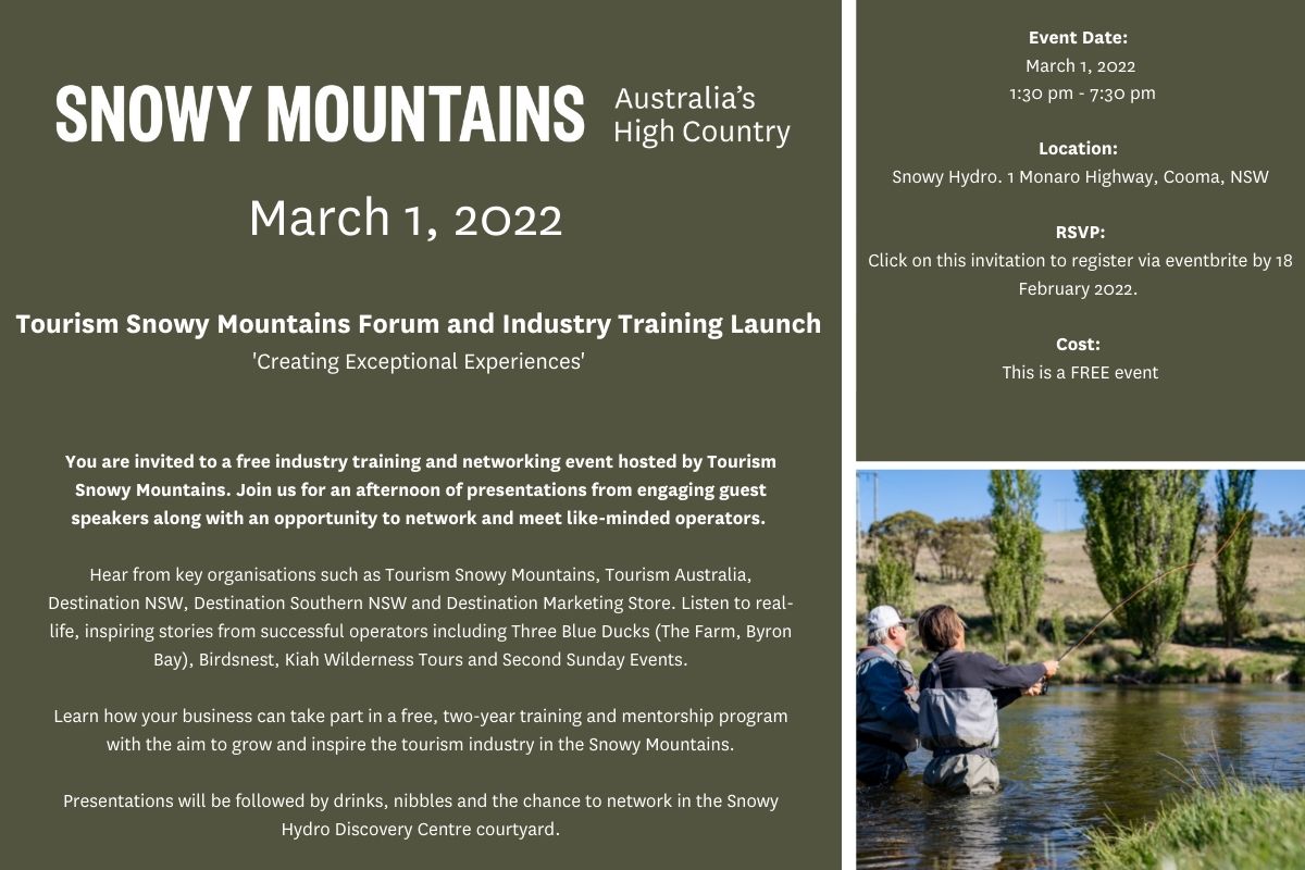 You are invited to the Tourism Snowy Mountains networking event and launch of Tourism Industry Training Program.